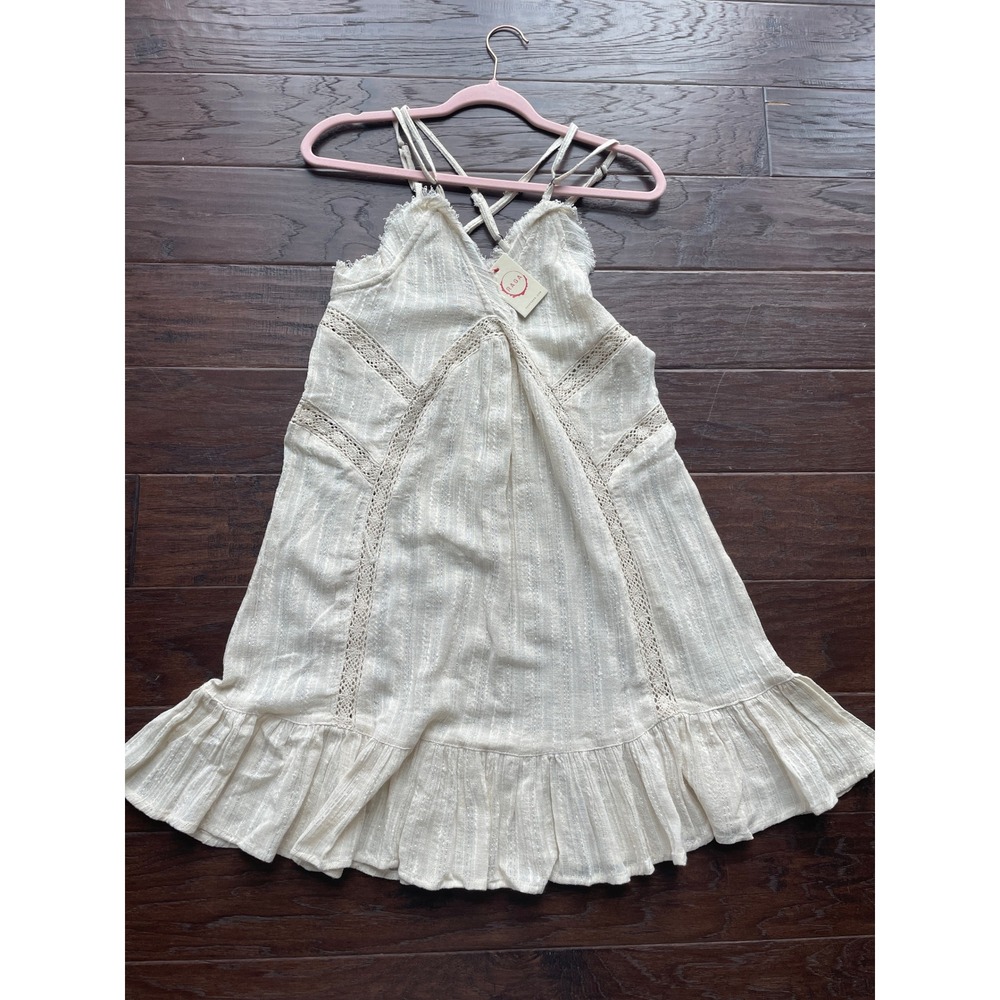 RAGA Ivory Metallic Gauze Babydoll Mini Dress Lace Trim Criss Cross Back NWT‎ XS - Picture 2 of 6